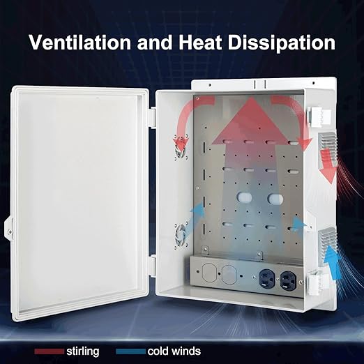 Outdoor Electrical Junction Box with High Power Outlet, 16" H* 12" L* 5.9" W, ABS Water Resistant Enclosure with Internal Mounting Panel & Hinged Cover.