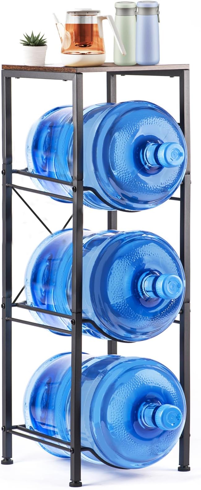 3-Tier 5 Gallon Water Bottle Holder, Heavy Duty Water Jug Rack with Wood Top Shelf, Water Dispenser Stand for Kitchen, Office, Garage