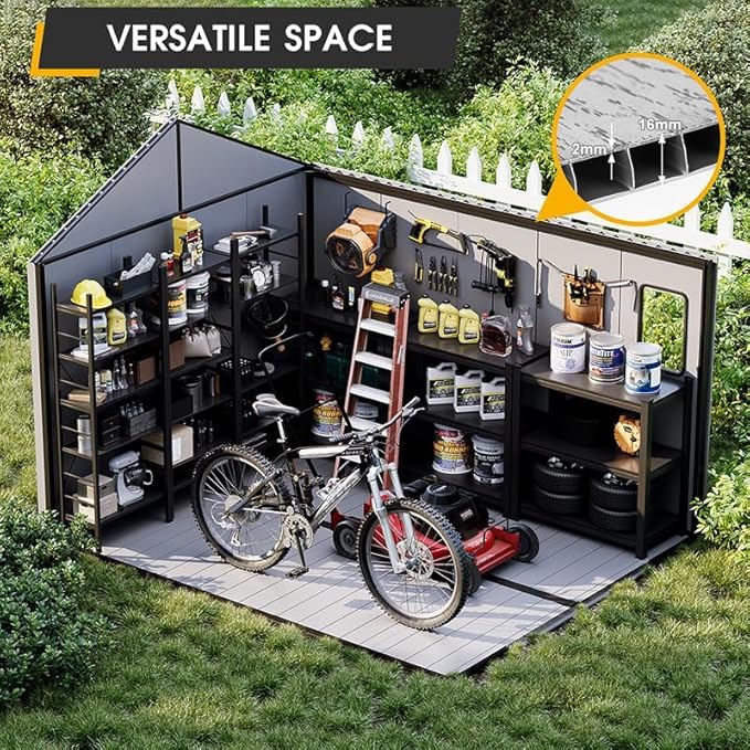 8 x 10 FT Plastic Tool Shed, All-Weather Outdoor Garden Tool Shed with Floor, Lockable Doors & Windows, Resin Storage Shed for Patio, Poolside, Backyard