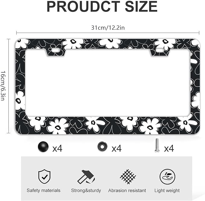 Black and White Flowers License Plate Frames - 2 Pcs Set 2 Holes Stainless Steel Metal Auto Car Accessories Decoration License Plate Frame Cover Size 6.3" x 12.2" Fit US Vehicles for Women Men Gift