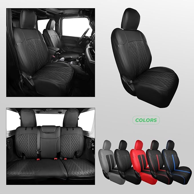 for Jeep Wrangler Seat Covers 4Door JL 2018 2019 2020 2021 2022 2023 2024 2025, Custom Fit Car Seat Cover Full Set, Luxury Waterproof Leather Seat Protectors, Black, W/O Rear Cup Holder