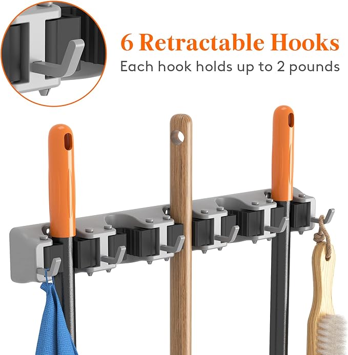 Lifewit Mop and Broom Holder Wall Mount, Anti-Slip Broom Hanger for Kitchen Organization, Heavy Duty Cleaning Supplies Organizer, Easy Install Tool Organizer for Closet, Garage, 2 Pack, Grey