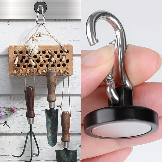 MIKEDE Strong Magnetic Hooks Heavy Duty, 200LBS+ Black Swivel Neodymium Magnets with Carabiner Hook, Hooks for Hanging, Curtain - 4 Pack