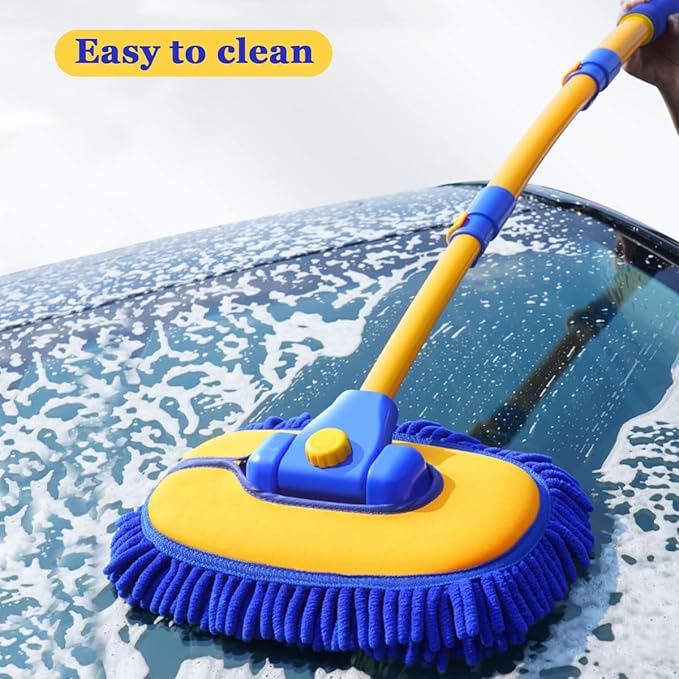 Car Wash Brush with Long Handle, Microfiber Towels Car Wash Kit Cleaning Supplies, Car Wash Mop Mitt with 2 Replacement Head , Extension Pole Car Brush Cleaning Kit for Cars Trucks(Blue)
