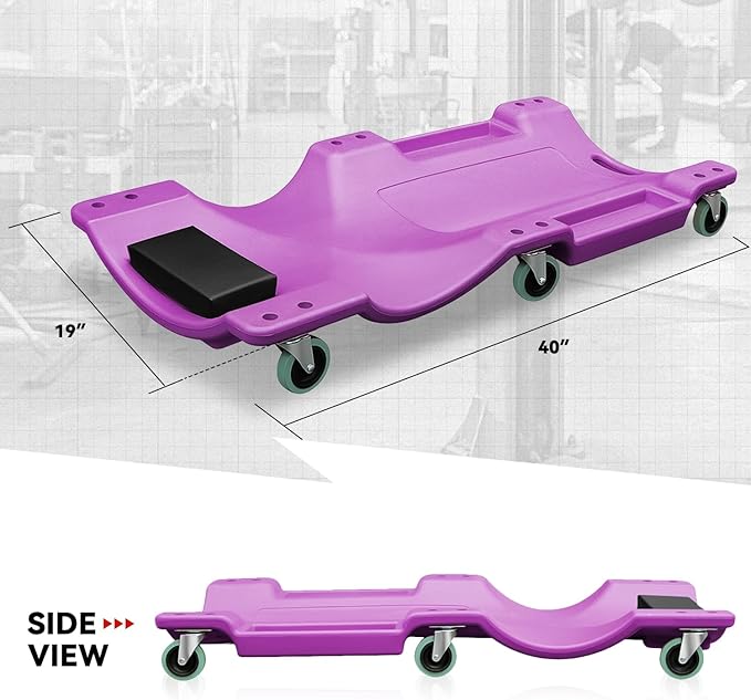 Auto Dynasty 40 Inches Mechanic Creeper, Automotive Garage Repair Low Profile Under Car Rolling Creeper with Padded Headrest, Plastic, Purple