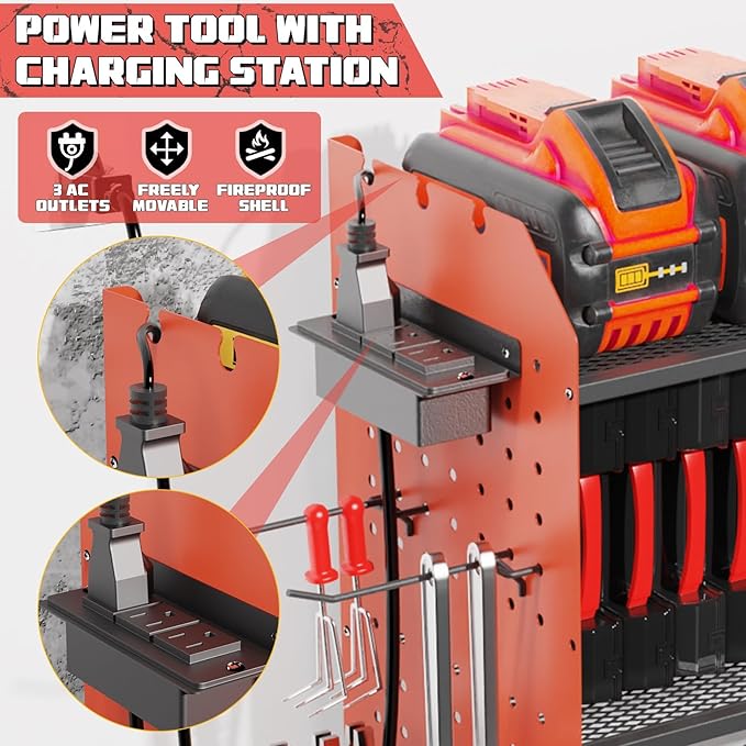 45" Large Power Tool Organizer Wall Mount with Charging Station - 3 Layer Storage Racks with 8 Cordless Drill Holder, 4 Hooks, Heavy Duty Garage Tool Organizer Storage for Workshop Pegboard Basement