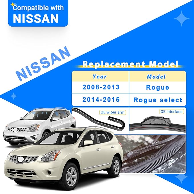 Windshield Wiper Blades Replacement for Nissan Rogue 2008 2009 2010 2011 2012 2013 / Nissan Rogue Select 2014 2015 Original Factory Quality Front Rear Wipers Blade Set - 26" 14" 12"
