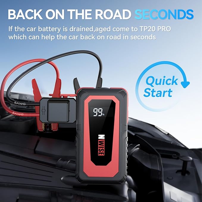 NWISE Car Jump Starter, 2000A Peak 20000mAh Portable Battery Pack with Smart Safety Jumper Clamps,12V Jump Boxes with LCD Display, LED Light, USB Ports