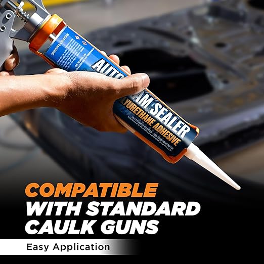 [Black] 2 Pack Professional Automotive Seam Sealer, Paintable Quick-Set Polyurethane Auto Body Seam Sealer for Metal Surfaces of Cars, Trucks, Etc, Includes Gloves & Tip - Black RV Roof Sealant