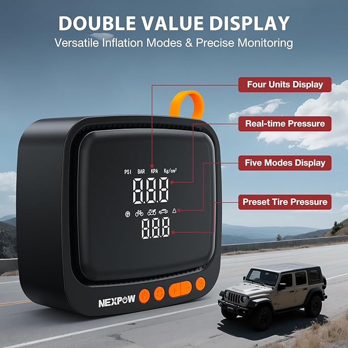 Tire Inflator Portable Air Compressor, NEXPOW 150PSI 12V DC Air Pump with Dual Digital Pressure Gauge & Auto Shut-Off, Air Compressor Portable with LED Light for Car, Motorcycle, Bicycle, Ball, Orange