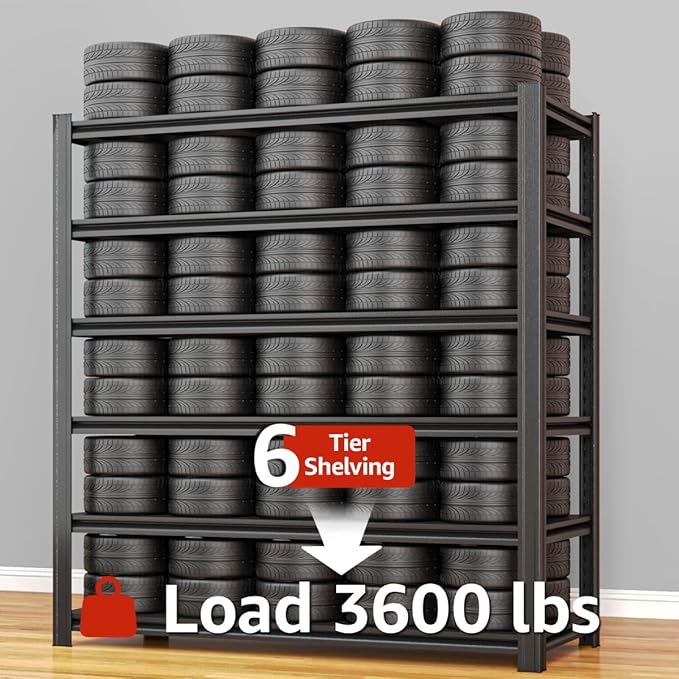 6 Tier Metal Shelving Unit 84" H x 55.12" W x 24" D, 3600LBS Adjustable Storage Shelves, Heavy Duty Garage Shelves for Warehouse, Basement, Kitchen, Pantry, Living Room, Black