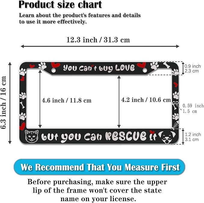 License Plate Frame Black and White Front License Plate Bracket You Can’t Buy Love, but You Can Rescue It Aluminum Metal Car Accessory 2 Pack with Screw Covers Set