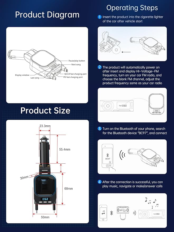 Retractable Car Charger 96W with Bluetooth Car Adapter, 4 in 1 Fast Charging, Radio Bluetooth 5.3 FM Transmitter, Handsfree Calling, USB C Phone car Charger Adapter for iPhone 16 15 14 13 12