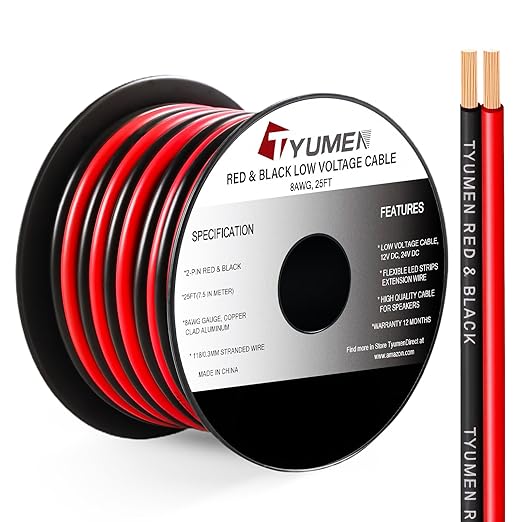 8 Gauge Wire 25FT, 8AWG Red Black Electrical Wire LED Strips Extension Cord 12V/24V DC Cable, 8 AWG 2 Conductors Flexible Low Voltage Wire for in-Home, Autos, Speaker use