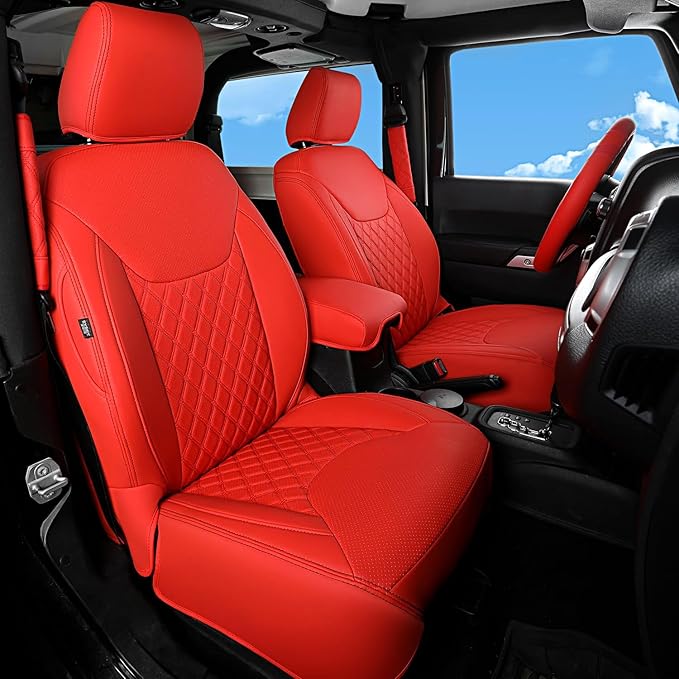 GIANT PANDA Customized Full Set Car Seat Covers for Jeep Wrangler 4 Door JK Sahara Sport Rubicon Unlimited Willys Wheeler Altitude 2013 2014 2015 2016 2017, Faux Leather - (Red)