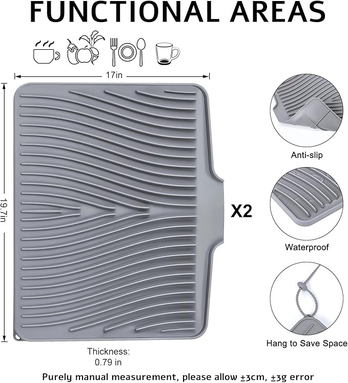 Dish Drying Mat, Stone Drying Mat for Kitchen Counter with Built-in Drain, Non-Slip Drying Matt Kitchen Counter, Heat Resistant Silicone Drying Mat, Dish Drying Pad, 2 Pcs(Grey 19.7" x 17")
