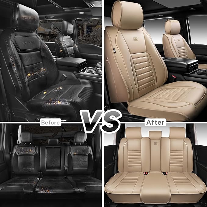 CAR PASS Nappa Leather Car Seat Covers Full Set, Luxury Seat Protector for Cars, Waterproof Anti-Slip Car Seat Cushion Armrest Compatible Airbag Universal for Sedan SUV Pick-up Truck Automotive, Beige