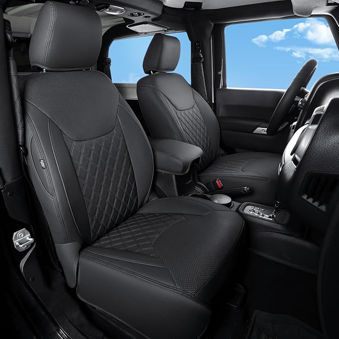 GIANT PANDA Customized Front Car Seat Covers for Jeep Wrangler JK 2/4 Door Sahara Sport Rubicon Unlimited Altitude 2013 2014 2015 2016 2017,Faux Leather - (Black)