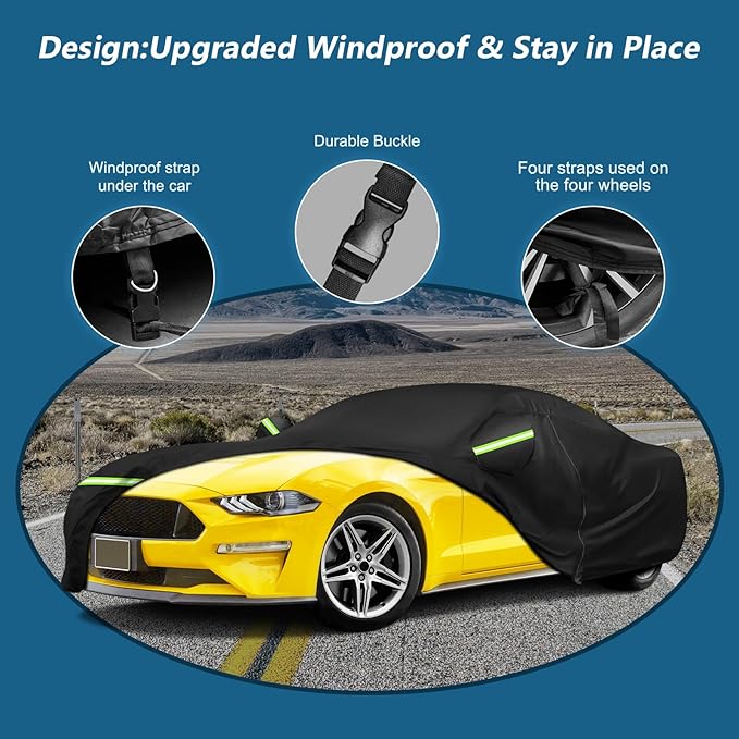 for Mustang Full Car Cover Waterproof All Weather, Outdoor Car Covers with Soft Cotton Lining Windproof Heavy Duty Protection Compatible with 1994-2025 Mustang GT/Shelby/Cobra/Bullitt/ECOBOOST