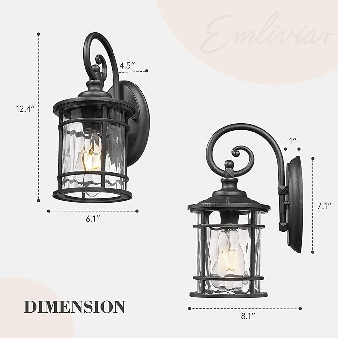 Emliviar Outdoor Lights for House, Outdoor Sconce Lights with Water Ripple Glass in Black Finish, XE229BWG-S BK