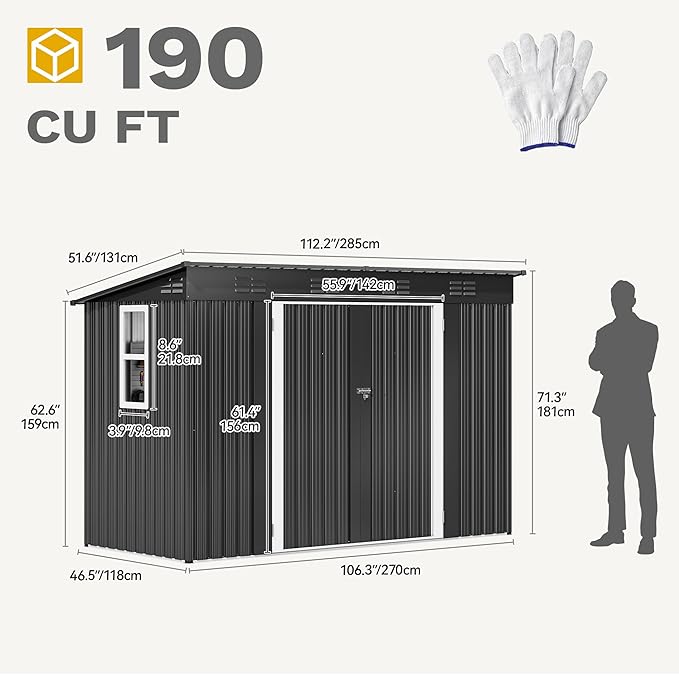 DWVO 9' x 4' Outdoor Storage Shed with Windows, Lockable Double Doors, Sloped Roof, Heavy-Duty Steel Shed for Garden & Patio, Large Backyard Tool Organizer, Dark Gray