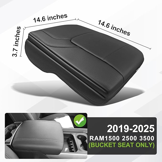 Muslogy Center Console Armrest Cover Compatible with Dodge Ram1500 2500 3500 2019-2025 Comfort Armrest Pad Arm Rest Cushion Vegan Leather Protector 1-Inch Extra Thick(Bucket Seat ONLY, NO FOR LIMITED)
