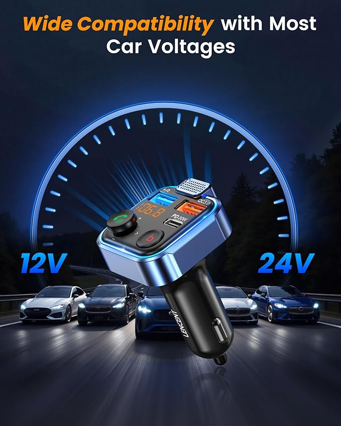 LENCENT FM Transmitter in-Car Adapter, Type-C PD 20W+ QC3.0 Fast USB Charger, Wireless Bluetooth 5.3 Radio Car Kit, Hands-Free Calling, MP3 Player Receiver Hi Fi Bass, Support U Disk