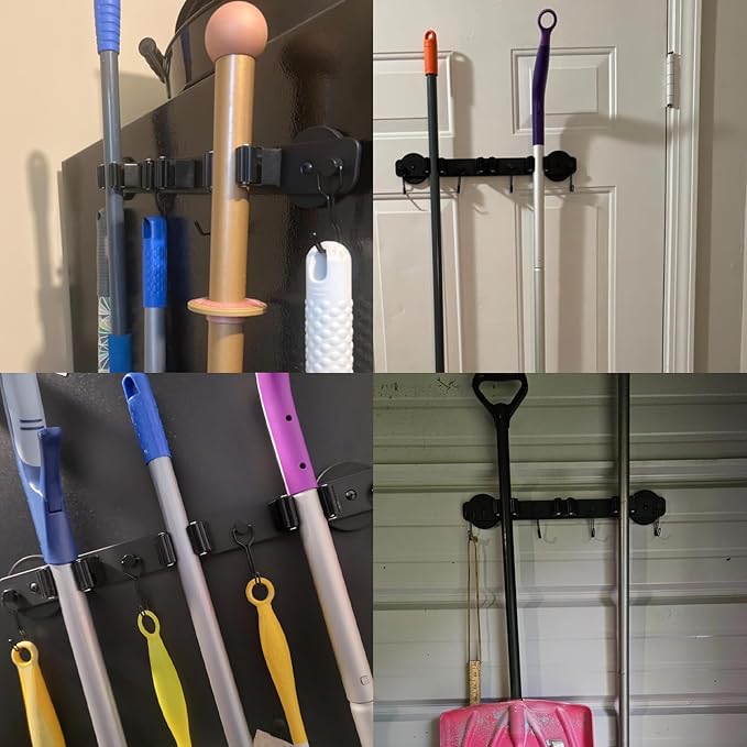 Magnetic Mop Broom Holder, Heavy Duty Magnetic Mop Hanger with Swivel Hooks for Cleaning Tools, Strong Magnet Mount Tool Hanger Organize System Utility Rack for Refrigerators Laundry Garage Kitchen