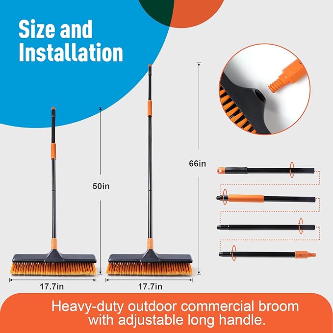 2 Set 18" Push Broom Outdoor with 65” Extendable Long Handle, Stiff Bristle Heavy Duty Broom for Indoor and Outdoor, Bathroom, Kitchen, Tub, Tile, Patio, Deck, Concrete, Commercial Brooms