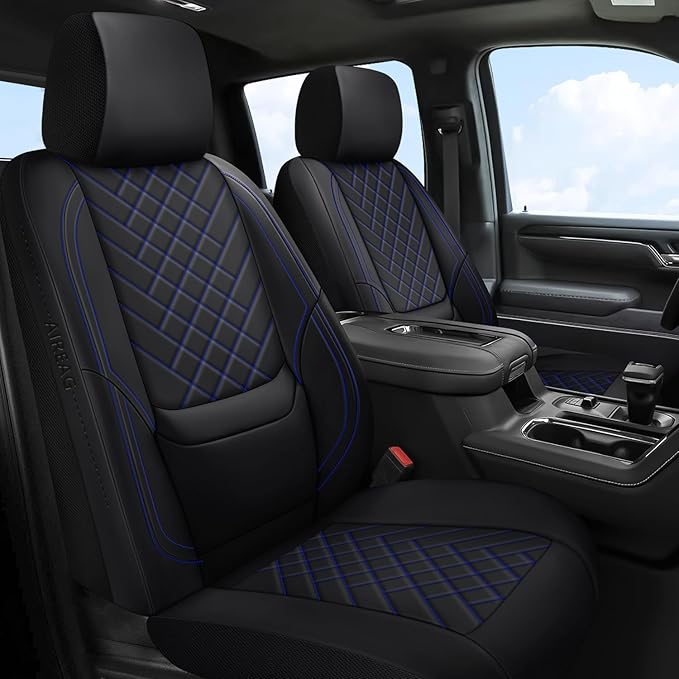 Chevy Chevrolet Silverado GMC Sierra Car Seat Covers Fit 2007-2023 2024 2025 1500/2500HD/3500HD (Black & Blue, Full Set)