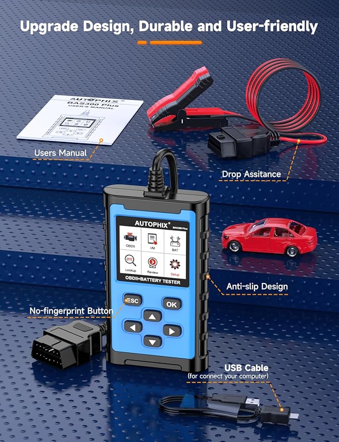AUTOPHIX BAS300 Plus OBD2 Scanner & Battery Tester(Upgrade of BAS100), 2-in-1 Car Diagnostic Tool, 12V 100-2000 CCA Battery Charging Cranking Test, Check Engine Light Car Code Reader for All US Cars