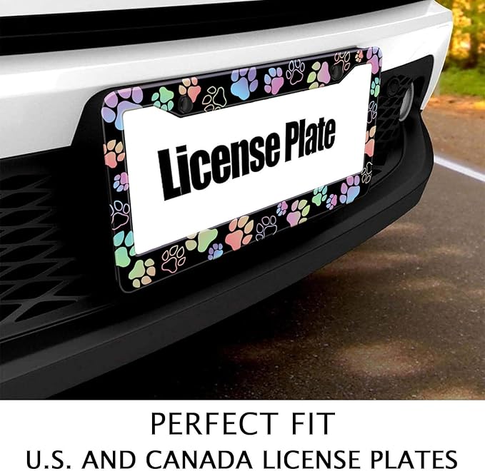 Dog Paw Car License Plate Frames, Colorful Pet Paw Printed License Plate Holder Cover, Metal Aluminum Rustproof Car Accessories for US Canada Standard Women Men 2 Holes with Screw Caps