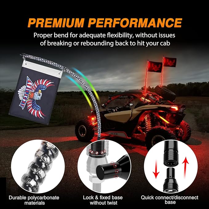 Nilight 2PCS 4FT RGB LED Whip Lights, Remote App Control w/DIY Chasing Patterns Stop Turn Reverse Modes Safety Lighted Antenna for ATV UTV Polaris RZR Can-am Dune Buggy Jeep
