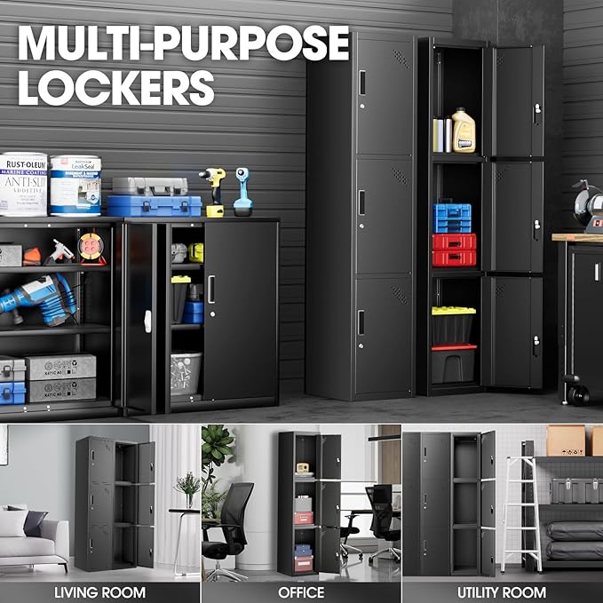 DNA MOTORING Metal Storage Cabinet for Employees with Keys, 71" Employees Metal Locker with 3 Doors, Tall Storage Lockers for Garage,Office,Home,Gym, Black, TOOLS-00789-BK-BK
