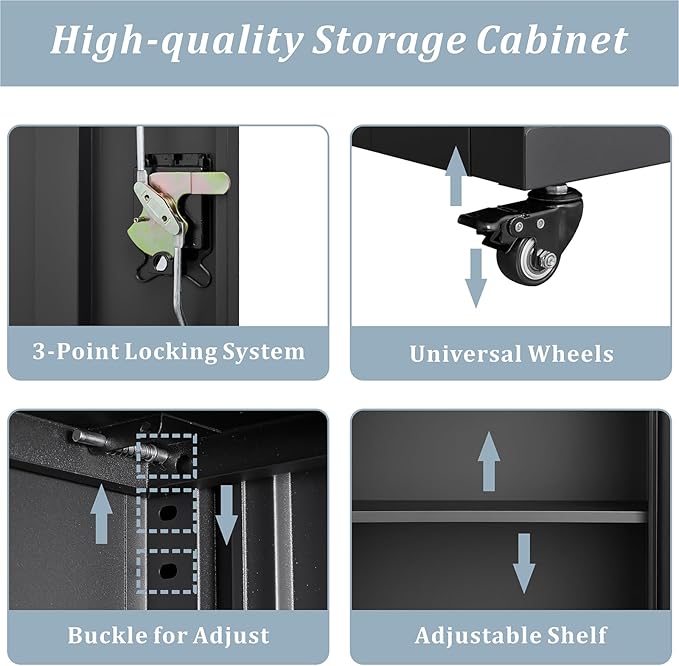 LUCYPAL Metal Storage Cabinet with Wheels,Steel Locking Storage Cabinet with Adjustable Shelves and 2 Doors,31.5" H Garage Cabinet for Home Office,Black