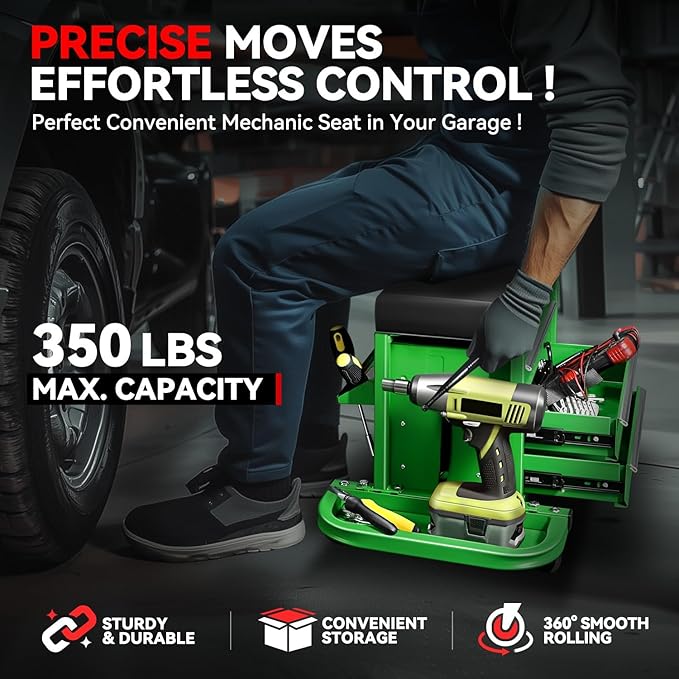 Auto Dynasty 3-Drawer Mechanic Rolling Seat, 350 LBS Capacity Roller Garage Shop Seat with Storage Tool Tray for Workshop, Repair Shop, Warehouse, Green