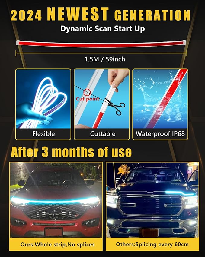 YM E-Bright Led Hood Light Strip Exterior Car Led Strip Light Waterproof Flexible DRL Dynamic Scan Start Up Hoodbeam Kit Daytime Running Lights for Car,Truck,SUV,12V 59inch,Ice Blue,1 Set
