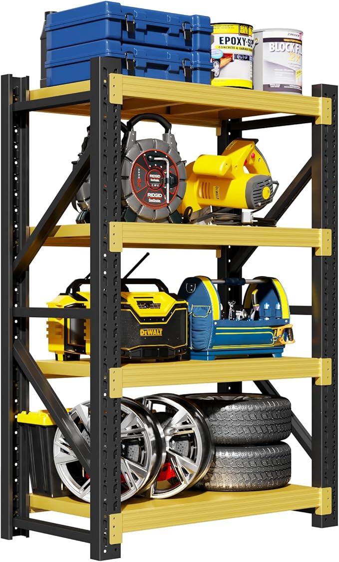 Garage Shelving Unit, 4 Tier Heavy Duty Racks, Easy Assembly, Metal Racks with Adjustable Shelves, 3000 LBS Load Capacity,for Warehouse,Basement (Black&Yellow, 19.7" D x 31.5" W x 63" H)
