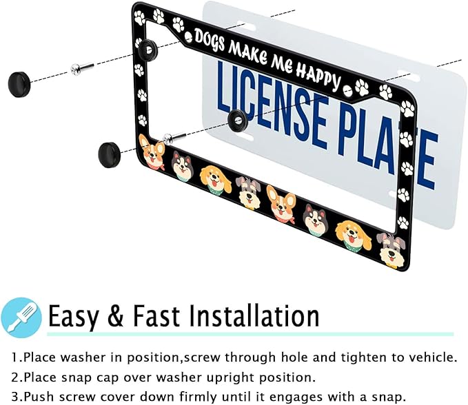 Dogs License Plate Frame, Lovely Puppies Dogs Paws Printed License Plate Holder Cover, Dogs Make Me Happy Metal Aluminum Rustproof Car Accessories for Women Men 2 Holes with Screw Caps