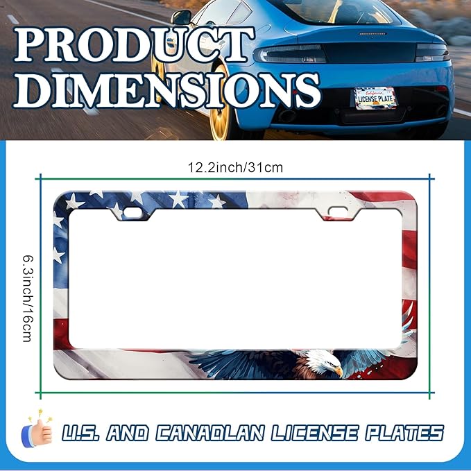 American Flag Eagle License Plate Frames - 2 Pack US Flag Patriotic Stainless Steel License Plate Holder,Rust-Proof Waterproof Car Decorative Tag Frame with Screws Fasteners Caps
