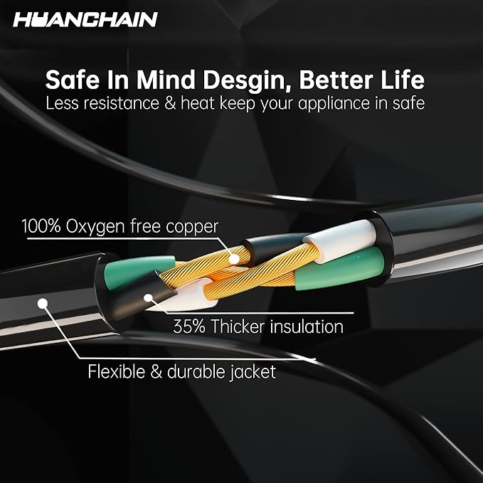 HUANCHAIN Indoor Outdoor Black Extension Cord 50 ft Waterproof, 16/3 Gauge Flexible Resistant Appliance Extension Cord Outside, 13A 1625W 16AWG SJTW, 3 Prong Heavy Duty Electric Cable, ETL Listed