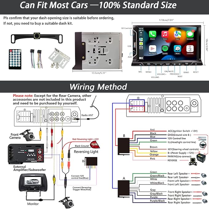 7 Inch Double Din Car Stereo Support Apple CarPlay Android Auto Mirror Link Capacitive Touchscreen Monitor Car Play Radio with Bluetooth 5.0, FM Radio, USB/TF/AUX Port, Backup Camera, Remote Control