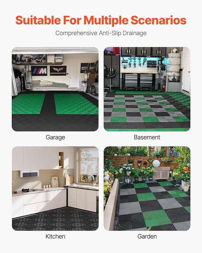 VEVOR Interlocking Drainage Mat, 12” x 12” Modular Interlocking Cushion, 12 Pcs Splicing Drainage Mats, Non-Slip Black PP Drainage Floor Tile and Shower Mat, for Garage, Garden, Kitchen & Outdoor