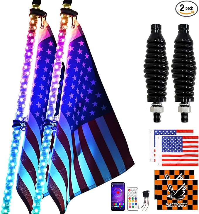 2PCS 3FT RGB LED Whip Light with Spring Base Remote App Control w/DIY Chasing Patterns Turn Signal & Brake Lights for ATV, UTV, Polaris, RZR, Can-am