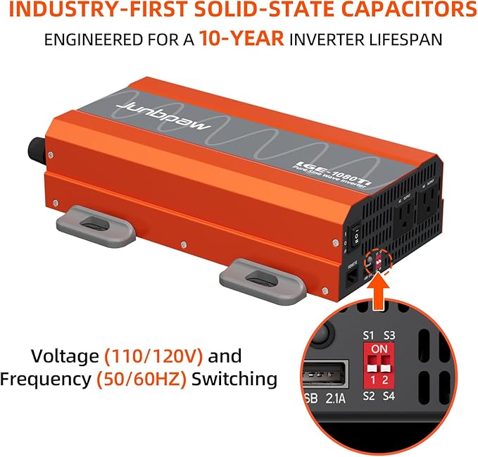 1080 Watt Pure Sine Wave Inverter, Remote Monitor Controller 12V DC to 120V AC Converter for Home, RV, Truck, Off-Grid Solar Power 110V with Built-in 5V/2.1A USB Port, Pre-Charge Function