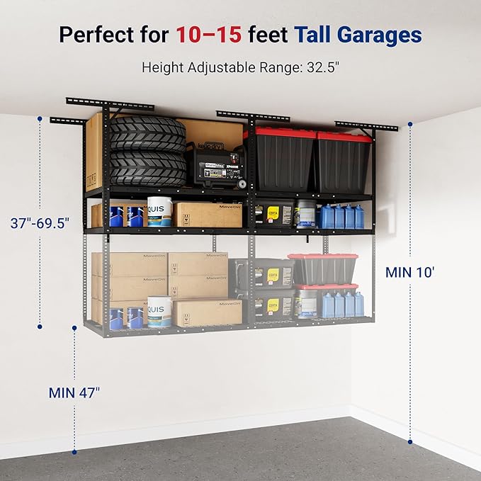 FLEXIMOUNTS 3x8 2-Tier Overhead Garage Storage Rack – Adjustable Heavy Duty Metal Garage Ceiling Storage Racks, 1000 lbs Capacity – Garages Organization System for 10–15 ft Tall Garages, Black