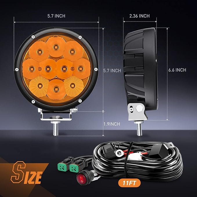 Nilight 5.7 Inch Amber LED Driving Light Round 50W Yellow Fog Spot Flood Combo Lights w/ 16AWG DT Connector Wiring Harness IP68 for Offroad ATV UTV Truck Tractor