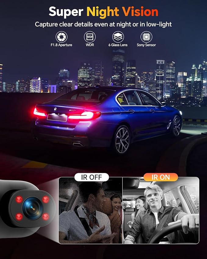 Dash Cam Front and Rear Inside, 1080P 3 Channel Dash Camera for Cars with 64GB Card, Super Night Vision Dashcam, Car Camera with Loop Recording, G-Sensor, WDR, 24H Parking Monitor