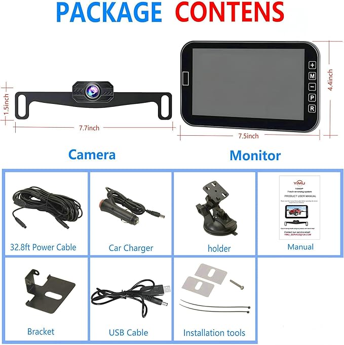 YIMU Car Backup Camera for Truck 7″ monitor AHD 2K Front Rear View Camera for car,USB Powered Plug-Play, Night Vision No-Delay DIY Grid Lines Touch Screen AHD702