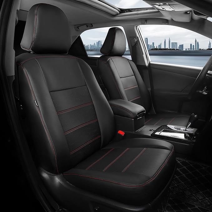 for Toyota Camry Seat Covers L LE XLE 2012 2013 2014 2015 2016 2017 - Custom Fit Car Seat Covers Full Set, Waterproof Breathable Luxury Leather Seat Covers for Cars, Black Red Not for Hybrid